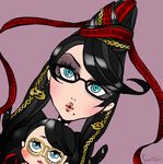  2girls bayonetta bayonetta_(character) beehive black_hair blue_eyes cereza cute dual_persona glasses makeup multiple_girls 