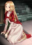  1girl blonde_hair braid cloak dress female final_fantasy final_fantasy_tactics full_body highres indoors long_hair ovelia_atkascha ptai sitting solo yellow_eyes 