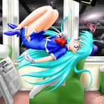  1girl blue_hair female full_body indoors legs long_hair miniskirt skirt solo space stewardess tenjouin_katsura yat_anshin_uchuu_ryokou 