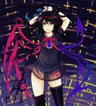  asymmetrical_wings bad_id bad_pixiv_id black_hair black_legwear dress grin houjuu_nue polearm red_eyes short_hair smile snake solo thighhighs touhou weapon wings yugemu 