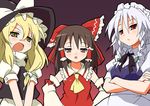  9law blonde_hair brown_hair detached_sleeves duplicate hakurei_reimu hat izayoi_sakuya kirisame_marisa multiple_girls red_eyes touhou white_hair 