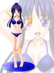  :d akiyama_mio alternate_hairstyle arm_behind_head bad_anatomy bad_id bad_pixiv_id barefoot bikini blue_bikini blue_hair blurry engo_(aquawatery) flip-flops full_body holding holding_shoes k-on! long_hair navel open_mouth purple_eyes sandals sandals_removed shoes sidelocks smile solo swimsuit thigh_gap zoom_layer 