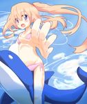  bad_id bad_pixiv_id ball beachball bikini blonde_hair blue_eyes dolphin foreshortening haine hands long_hair original ponytail riding solo swimsuit 