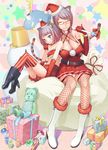 animal_ears asaki_takayuki bad_id bad_pixiv_id blue_eyes blue_hair boots breasts christmas cleavage copyright_request covered_nipples fishnets flat_chest jewelry large_breasts multiple_girls necklace one_eye_closed pinky_out santa_costume short_hair smile striped striped_legwear tail thighhighs vertical-striped_legwear vertical_stripes 