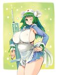  apron bow breasts covered_nipples curvy flower forehead_jewel green_eyes green_hair hand_on_hip headdress highres huge_breasts legs long_hair miniskirt mugen_no_fantasia nurse ryoji_(nomura_ryouji) sideboob skirt smile solo thighs 