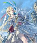  armor armored_dress blonde_hair dress gauntlets hisakata_souji long_hair lord_of_vermilion outstretched_arm outstretched_hand pink_eyes reaching solo sword valkyrie valkyrie_(lord_of_vermilion) weapon 