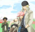  afro blonde_hair blue_eyes dark_skin female final_fantasy final_fantasy_xiii gloves kuratsue lightning_(ff13) lightning_farron long_hair male pink_hair sazh_katzroy short_hair sky sleeveless sleeveless_turtleneck snow_villiers trench_coat trenchcoat turtleneck 