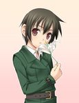  androgynous belt brown_hair coat flower kino kino_no_tabi lily_(flower) parted_lips rankei red_eyes reverse_trap short_hair simple_background smelling solo 