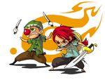  2boys bandana bandanna beanie blue_hair boy buggy_the_clown chibi child detached devil_fruit disembodied_limb dismembered dual_wielding duo fighting_stance fykr00 gloves green_eyes green_hair green_shirt hat knife male male_focus multiple_boys one_piece pirate red_eyes red_hair red_nose redhead saber_(weapon) sandals shanks shirt shota stampede_string straw_hat strawhat sword t-shirt teeth weapon white_gloves young younger 