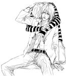  belt buckle death_note greyscale hug hug_from_behind jacket lily_(artist) long_sleeves male_focus matt mello monochrome multiple_boys open_clothes open_jacket pant simple_background sitting white_background yaoi 