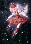  animal_ears bamboo dress flying fuyuko hat kneehighs leaf legs long_sleeves mystia_lorelei pink_eyes pink_hair ribbon shoes short_hair smile snow socks solo touhou winged_shoes wings 