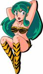  1girl bikini breasts female full_body green_hair horns legs long_hair lum oni solo swimsuit urusei_yatsura white_background 