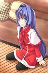  bad_id bad_pixiv_id blue_eyes blue_hair couch kanon long_hair minase_nayuki red_skirt school_uniform sitting skirt solo soto_miyako thighhighs wariza 