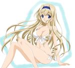  :o arm_support bikini blonde_hair blue_eyes blue_hairband breasts cecilia_alcott cleavage drill_hair front-tie_top hairband infinite_stratos large_breasts long_hair long_legs side-tie_bikini sinko sitting solo swimsuit 