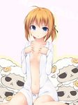  ahoge an_(angular-angler) bad_id bad_pixiv_id blue_eyes bow bow_panties collarbone flat_chest hair_ribbon konoe_subaru light_brown_hair mayo_chiki! navel no_bra open_clothes open_shirt panties ribbon shirt solo underwear white_panties 