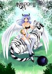  angel_wings ankle_cuffs ball_and_chain_restraint blue_eyes blue_hair bow bra breasts cleavage hair_bow highres kanna_(plum) large_breasts lingerie long_hair md5_mismatch pixiv_shadow sitting smile solo thighhighs tiger underwear white_legwear white_tiger wings 