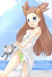  blue_eyes blush bow_dress brown_hair dress embarrassed gen_1_pokemon green_panties kuro_(be_ok) long_hair magnemite mikan_(pokemon) open_mouth panties pokemon pokemon_(creature) pokemon_(game) pokemon_gsc skirt skirt_lift two_side_up underwear white_dress 