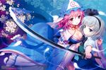  an2a blue_dress blue_eyes bow bowtie breasts cherry_blossoms choker cleavage dress flower hairband hat highres hitodama katana konpaku_youmu medium_breasts multiple_girls pink_eyes pink_hair ribbon saigyouji_yuyuko scan short_hair silver_hair smile sword touhou triangular_headpiece vest wavy_hair weapon 