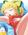  armpits beat_(rockman) blonde_hair bow face hair_bow hands maruta_kentarou open_mouth ponytail red_skirt rockman roll saliva skirt sleeping solo suggestive_fluid 