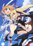  ass blonde_hair blue_eyes blush cape cloud day fate_testarossa hair_ribbon highres kouno_hikaru lyrical_nanoha magical_girl mahou_shoujo_lyrical_nanoha mahou_shoujo_lyrical_nanoha_the_movie_1st multiple_girls open_mouth orange_hair panties pink_panties red_eyes ribbon short_twintails sky takamachi_nanoha thighhighs torn_clothes torn_legwear twintails underwear wardrobe_malfunction 