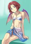  alternate_hairstyle animal_ears bad_id bad_pixiv_id bandeau bare_shoulders bikini bob_cut brown_eyes collarbone earrings face flat_chest gradient_sarong grey_sarong hair_ornament hairclip hands highres jewelry midriff mystia_lorelei navel necklace o-ring o-ring_bikini o-ring_top pendant pink_hair red_hair sarong sarong_lift shiba_itsuki short_hair single_earring sitting skirt skirt_lift slender solo staring swimsuit touhou wide-eyed wings 