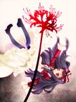  bad_id bad_pixiv_id bow dress falling flower fukai_masa hair_bow higanbana_(higanbana_no_saku_yoru_ni) higanbana_no_saku_yoru_ni long_hair outstretched_arms purple_hair red_eyes solo spider_lily 