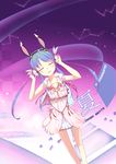  absurdres animal_ears arms_up bad_id bad_pixiv_id blue_hair blush bunny_ears closed_eyes constellation dexp dress hand_on_headphones headphones highres long_hair open_mouth original sleeveless smile solo star 