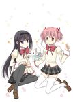  akemi_homura bow hair_bow hair_ribbon hairband kaname_madoka kyubey mahou_shoujo_madoka_magica multiple_girls pantyhose ribbon school_uniform short_twintails takigawa_yuu thighhighs twintails zettai_ryouiki 