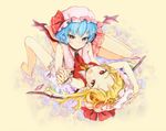  :/ :d adapted_costume ako_(clover01) arm_up bare_legs bare_shoulders barefoot blonde_hair blue_hair breasts face feet fingernails flandre_scarlet forehead hands hat holding_hands long_fingernails looking_at_viewer medium_breasts multiple_girls open_mouth red_eyes remilia_scarlet siblings sisters smile touhou tsurime wings 