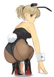  animal_ears ass back-seamed_legwear blonde_hair blue_eyes bunny_ears bunnysuit detached_collar from_behind full_body high_heels lips looking_back mibu_natsuki original pantyhose ponytail seamed_legwear shoes short_hair simple_background solo squatting white_background wrist_cuffs 