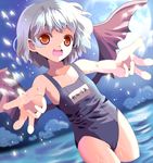  bad_hands bat_wings blue_hair character_name fang hazakura_satsuki name_tag one-piece_swimsuit open_mouth pointy_ears red_eyes remilia_scarlet school_swimsuit smile solo swimsuit touhou translated wings 