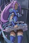  blue_skirt boots cure_beat frilled_legwear frilled_skirt frills haruyama_kazunori kurokawa_eren long_hair long_ponytail looking_at_viewer looking_back looking_down magical_girl panties pantyshot pantyshot_(standing) precure purple_hair rain seiren_(suite_precure) skirt solo standing suite_precure thigh_boots thighhighs underwear white_panties yellow_eyes 