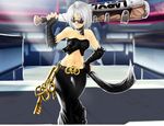  bare_shoulders belt blurry choker club depth_of_field fur_trim hand_on_hip huge_weapon key looking_at_viewer midriff navel red_eyes s4_league short_hair silver_hair smile solo sunglasses teeth thigh_gap weapon zkrox 