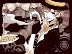  arms_up bad_id bad_pixiv_id black_eyes blonde_hair bow bowtie brown_hair cane cloud earrings eating flower fork formal gamu gloves grin hat holding holding_fork jewelry kagamine_len lip_piercing male_focus one_eye_closed piercing plate ponytail ribbon sleeves_rolled_up smile solo star top_hat vocaloid white_skin yumekui_shirokuro_baku_(vocaloid) 