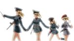  ak-47 assault_rifle beret blonde_hair blue_eyes boots bundeswehr commentary drill_hair german gun h&amp;k_mp5 hat heckler_&amp;_koch highres holding_hands iron_cross long_hair military military_uniform mizuki_(mizuki_ame) mp18 mp40 multiple_girls no_pants nva_uniform open_mouth original peaked_cap pointing ponytail ranguage reichswehr rifle short_hair sleeves_past_wrists smile submachine_gun uniform weapon wehrmacht 