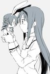  akemi_homura animal_ears bad_id bad_pixiv_id bunny_ears chibi drill_hair eye_contact greyscale hairband kemonomimi_mode kutsuwada_on long_hair looking_at_another mahou_shoujo_madoka_magica minigirl monochrome multiple_girls profile school_uniform tomoe_mami twin_drills twintails 