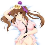  bad_id bad_pixiv_id blush bottomless bow breasts brown_eyes brown_hair cellphone checkered dress_shirt groin hair_bow hat hat_removed headwear_removed heart highres himekaidou_hatate kochiya_hizuki long_hair lying medium_breasts navel necktie on_back open_mouth out-of-frame_censoring phone shirt solo tokin_hat touhou twintails upper_body 