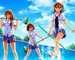  barefoot broom brown_eyes brown_hair empty_pool extra hirasawa_yui k-on! long_hair multiple_girls one-piece_swimsuit pool school_swimsuit school_uniform shian_(my_lonly_life.) short_hair sleeves_rolled_up splashing swimsuit swimsuit_under_clothes tachibana_himeko taki_eri 