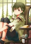  ankle_socks asahikawa_hiyori bread capri_pants chair cream cup flower food green_hair hair_ornament hairclip leg_hug legwear_under_shorts light_smile mug original pants pants_under_shorts pen plant plate potted_plant purple_eyes short_hair shorts sitting smile solo window 