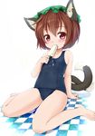  1girl animal_ears arm_support barefoot brown_hair cameltoe cat_ears cat_tail checkered checkered_floor chen child earrings eating fang food hat jewelry kagerofu multiple_tails one-piece_swimsuit popsicle purple_eyes school_swimsuit short_hair sitting solo swimsuit tail touhou wariza 