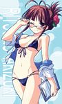  akizuki_ritsuko antenna_hair bare_shoulders bikini blush breasts brown_eyes brown_hair clipboard dutch_angle flower folded_ponytail front-tie_top glasses groin hair_flower hair_ornament hibiscus hinata_mutsuki hood hoodie idolmaster idolmaster_(classic) medium_breasts navel o-ring o-ring_bottom o-ring_top one_eye_closed open_clothes open_shirt shirt sideboob sleeves_rolled_up smile solo swimsuit underboob 