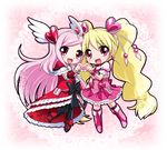  :d bad_id bad_pixiv_id black_legwear blonde_hair blush boots bow chibi choker cure_passion cure_peach dress eyelashes fresh_precure! frills full_body hair_ornament hairpin happy heart heart_hair_ornament heart_hands heart_hands_duo higashi_setsuna knee_boots long_hair magical_girl momozono_love multiple_girls open_mouth pantyhose pink_bow pink_choker pink_eyes pink_footwear pink_hair precure ribbon smile twintails white_choker wings yuu_(derodero) 