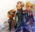  2boys adjusting_hair blue_eyes brown_hair grey_hair headband jacket leo_(pokemon) markings mirei_(pokemon) multiple_boys orange_hair poke_ball pokemon pokemon_(game) pokemon_colosseum pokemon_xd ryuuto_(pokemon) sand short_twintails t-tom twintails wind yellow_eyes 