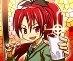  cup drinking_glass fang glass hajime_(caramel_toone) long_hair looking_at_viewer mahou_shoujo_madoka_magica octopus ponytail pulque red_eyes red_hair sakura_kyouko solo upper_body 