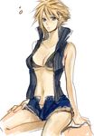  1girl bikini_top blonde_hair blue_eyes cloud_strife female final_fantasy final_fantasy_vii genderswap midriff open_clothes open_shirt seto_(sepcloud) shirt short_hair short_shorts shorts sitting sleeveless sleeveless_turtleneck solo spiked_hair spiky_hair turtleneck 