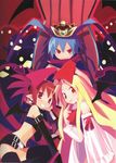  2girls crown demon_girl demon_tail disgaea etna flonne flonne_(fallen_angel) gloves laharl multiple_girls official_art prinny red_eyes red_hair ribbon scan scarf smile tail tongue twintails wings yamamoto_keiji 