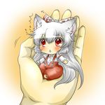  animal_ears bad_id bad_pixiv_id blush bow cat_ears chibi fujiwara_no_mokou hair_bow hands in_palm kemonomimi_mode long_hair minigirl out_of_frame pants pov pov_hands rebecca_(keinelove) red_eyes shirt silver_hair solo_focus suspenders touhou 