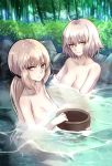  2girls ahoge artoria_pendragon_(all) bangs bathing black_ribbon blonde_hair breasts cleavage collarbone day eyebrows_visible_through_hair fate/grand_order fate_(series) forest hair_between_eyes hair_ribbon highres jeanne_d&#039;arc_(alter)_(fate) jeanne_d&#039;arc_(fate)_(all) large_breasts long_hair looking_at_viewer medium_breasts multiple_girls nature nude outdoors parted_lips partially_submerged ponytail ribbon saber_alter shiguru short_hair silver_hair sunlight yellow_eyes 