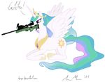  alicorn cutie_mark equine farvei female feral friendship_is_magic gun hasbro horn horse l96 mammal my_little_pony pegacorn plain_background pony princess princess_celestia_(mlp) ranged_weapon rifle royalty sniper_rifle solo text transparent_background weapon winged_unicorn wings 