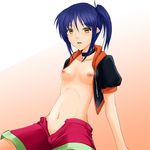  aona_(kuuga19yuu) bad_id bad_pixiv_id blue_hair breasts isis_eaglet lyrical_nanoha mahou_senki_lyrical_nanoha_force medium_breasts nipples no_bra open_clothes open_fly open_mouth open_shirt shirt short_hair shorts slender solo unzipped yellow_eyes 